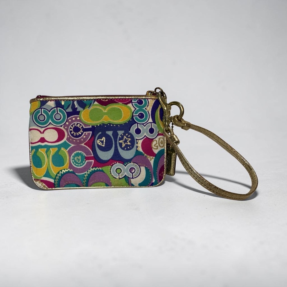 Coach Poppy Pop C Multicolor Wristlet Gold Metallic Strap Y2K Canvas Pouch - Picture 2 of 7
